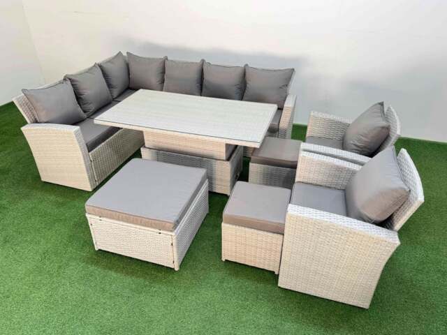 Rackhams 11 Seat Rattan Outdoor Garden Furniture Corner Sofa Set Adjustable Lifting Dining or Coffee Table Set with 3 Footstools Light Grey - image 1