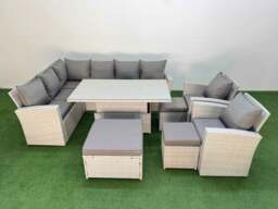 Rackhams 11 Seat Rattan Outdoor Garden Furniture Corner Sofa Set Adjustable Lifting Dining or Coffee Table Set with 3 Footstools Light Grey - thumbnail 2