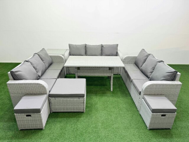 Rackhams PE Rattan Lounge Sofa Set 12 Seater Outdoor Garden Furniture Set with Rectangular Dining Table 3 Seater Sofa 3 Stools Side Table Light Grey - image 1