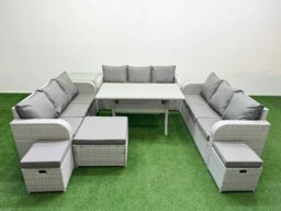 Rackhams PE Rattan Lounge Sofa Set 12 Seater Outdoor Garden Furniture Set with Rectangular Dining Table 3 Seater Sofa 3 Stools Side Table Light Grey - thumbnail 1