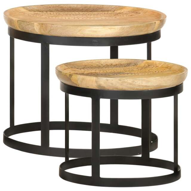 Rackhams Round Side Tables 2 pcs Solid Mango Wood and Steel - Brown - Solid mango wood, steel