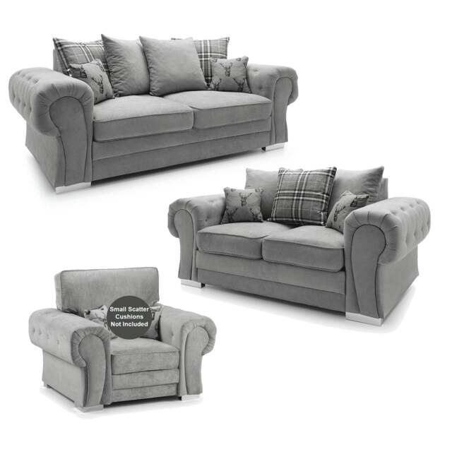 Rackhams Milan Chesterfield Fabric 3 Piece Sofa Suite - Scatter Back - Grey - image 1