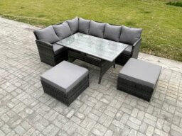Rackhams 8 Seater Outdoor Rattan Garden Furniture Set with Rectangular Dining Table 2 Big Footstool Patio Wicker Corner Sofa Set Dark Grey Mixed - thumbnail 1
