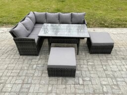 Rackhams 8 Seater Outdoor Rattan Garden Furniture Set with Rectangular Dining Table 2 Big Footstool Patio Wicker Corner Sofa Set Dark Grey Mixed - thumbnail 2