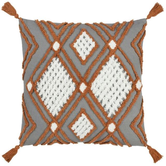 Rackhams Aquene Tassel Tufted Cushion Cover - Charcoal/Brick - 50cm x 50cm - Charcoal/Brick - 100% Cotton - image 1