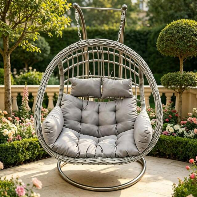 Rackhams Rattan Garden Two Seater Hanging Egg Chair Indoor Outdoor Patio Furniture with Grey Cushion - image 1