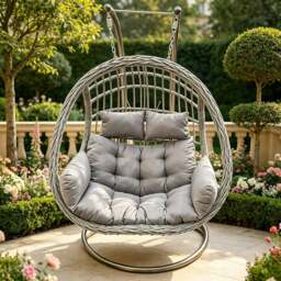 Rackhams Rattan Garden Two Seater Hanging Egg Chair Indoor Outdoor Patio Furniture with Grey Cushion - thumbnail 1