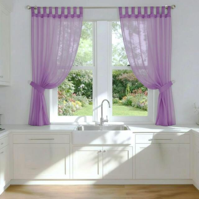 Rackhams Voile Tab Top Curtain Pair with Crystal Tie Backs Sheer Window Panels - Lilac - 150cm width x 137cm drop - image 1