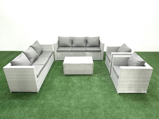 Rackhams Outdoor Rattan Sofa Garden Furniture Set with 2 Armchairs Oblong Coffee Table Light Grey Mixed - image 1