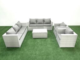 Rackhams Outdoor Rattan Sofa Garden Furniture Set with 2 Armchairs Oblong Coffee Table Light Grey Mixed - thumbnail 2