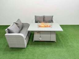 Rackhams 4 Seater Outdoor Love Sofa Set Rattan Garden Furniture Set with Fire Pit Dining Table Light Grey - thumbnail 1
