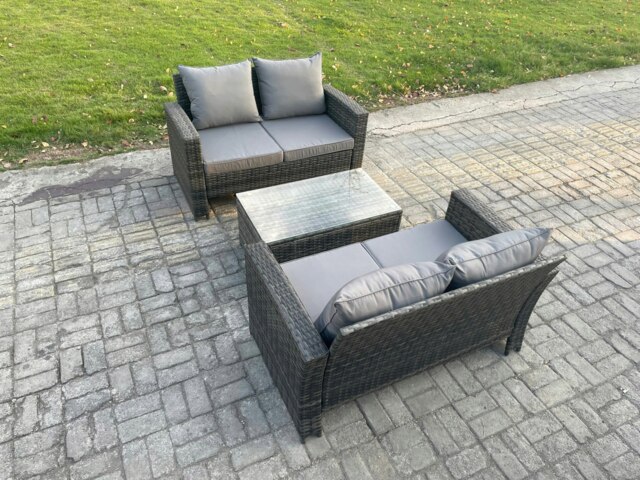 Rackhams Wicker Rattan Garden Furniture Sofa Set with Rectangular Coffee Table Double Seat Sofa 4 Seater Outdoor Rattan Set Dark Grey Mixed - image 1