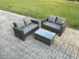 Rackhams Wicker Rattan Garden Furniture Sofa Set with Rectangular Coffee Table Double Seat Sofa 4 Seater Outdoor Rattan Set Dark Grey Mixed - thumbnail 2