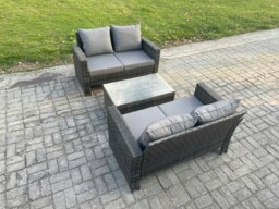 Rackhams Wicker Rattan Garden Furniture Sofa Set with Rectangular Coffee Table Double Seat Sofa 4 Seater Outdoor Rattan Set Dark Grey Mixed - thumbnail 1