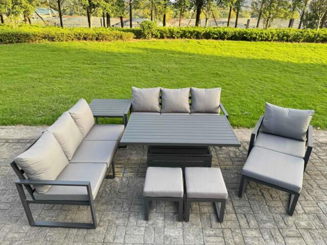 Rackhams 10 Seater Aluminium Garden Furniture Set with Adjustable Rising Dining Table, 3 Footstools, Side Table - Dark Grey - image 1