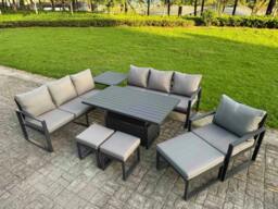 Rackhams 10 Seater Aluminium Garden Furniture Set with Adjustable Rising Dining Table, 3 Footstools, Side Table - Dark Grey - thumbnail 2