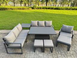 Rackhams 10 Seater Aluminium Garden Furniture Set with Adjustable Rising Dining Table, 3 Footstools, Side Table - Dark Grey - thumbnail 1
