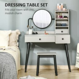 Rackhams Dressing Table Set with 3 Drawers, Storage shelves and Stool, Grey - Gray - 90cmx45cmx125.5cm - thumbnail 5