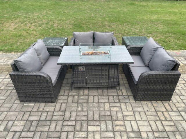 Rackhams Rattan Outdoor Garden Furniture Sofa Set Gas Fire Pit Dining Table Gas Heater with 2 Side Tables Love Sofa Dark Grey Mixed - image 1