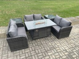 Rackhams Rattan Outdoor Garden Furniture Sofa Set Gas Fire Pit Dining Table Gas Heater with 2 Side Tables Love Sofa Dark Grey Mixed - thumbnail 2