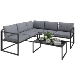 Rackhams 3 Piece L Shaped Garden Furniture Set with Cushions, Grey - Grey - Steel, Polyester, Tempered Glass - 194W x 70D x 67H cm - thumbnail 2