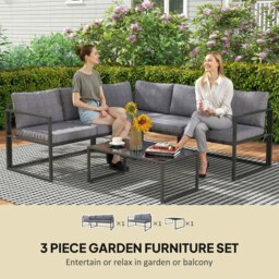 Rackhams 3 Piece L Shaped Garden Furniture Set with Cushions, Grey - Grey - Steel, Polyester, Tempered Glass - 194W x 70D x 67H cm - thumbnail 3