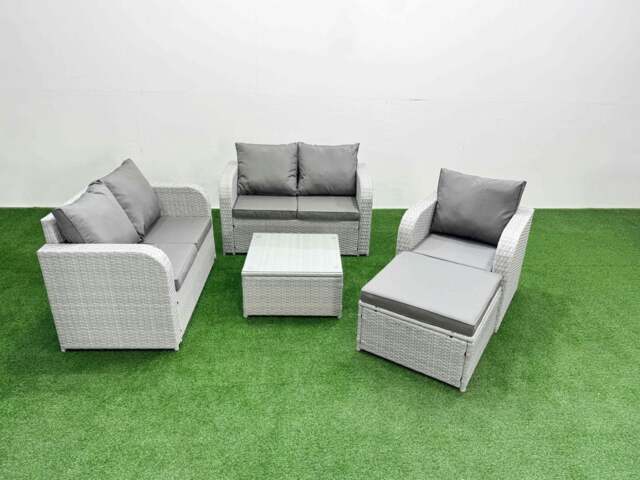 Rackhams High Back Rattan Garden Furniture Set with Reclining Chair Loveseat Sofa Square Coffee Table Indoor Outdoor Patio Set Big Stool Light Grey - image 1