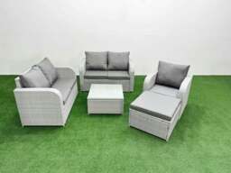 Rackhams High Back Rattan Garden Furniture Set with Reclining Chair Loveseat Sofa Square Coffee Table Indoor Outdoor Patio  Set Big Stool Light Grey - thumbnail 1