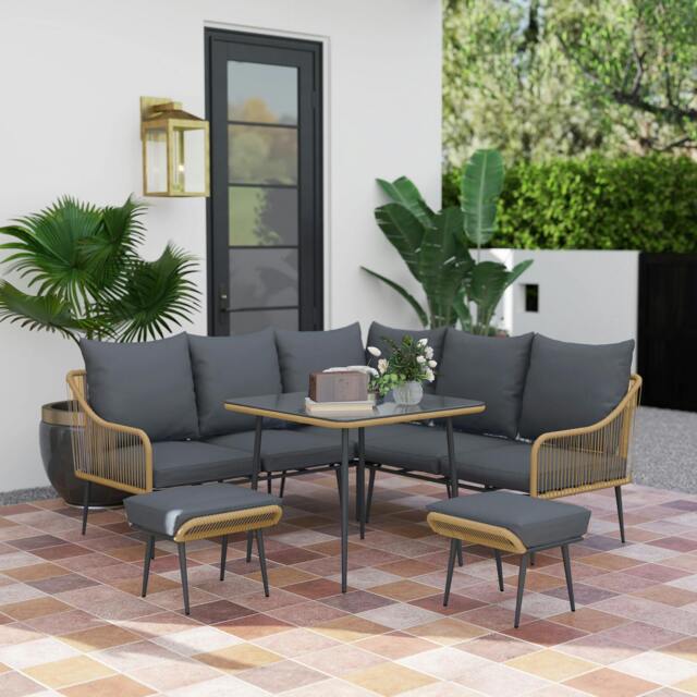 Rackhams 6 Piece Garden Furniture Set Garden Sofa with Cushions, Light Grey - Light Brown - image 1
