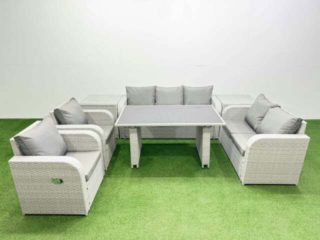 Rackhams 7 Seater Garden Furniture Set PE Rattan Garden Sofa Set with Rectangular Dining Table 2 Side Tables Light Grey - image 1