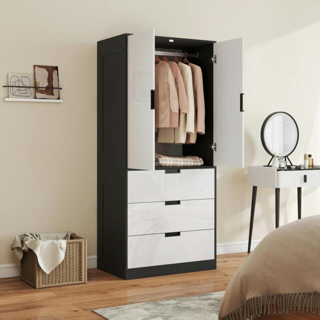 Rackhams Modern Wardrobe White Wardrobe with 3 Drawer and Hanging Rod - Wardrobe - High Gloss White - Particle board - image 1