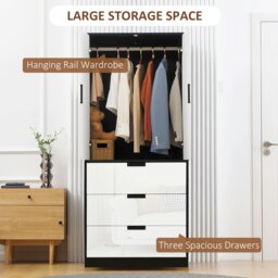 Rackhams Modern Wardrobe White Wardrobe with 3 Drawer and Hanging Rod - Wardrobe - High Gloss White - Particle board - thumbnail 4