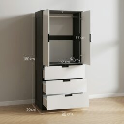 Rackhams Modern Wardrobe White Wardrobe with 3 Drawer and Hanging Rod - Wardrobe - High Gloss White - Particle board - thumbnail 3