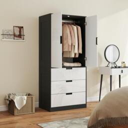 Rackhams Modern Wardrobe White Wardrobe with 3 Drawer and Hanging Rod - Wardrobe - High Gloss White - Particle board - thumbnail 1