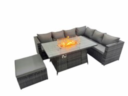 Rackhams Garden Rattan Furniture Set 7 Seater Outdoor Corner Sofa Gas Fire Pit Dining Table Set with Big Stool Dark Grey - thumbnail 1