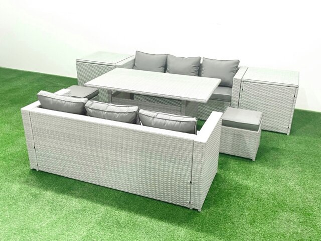 Rackhams Rattan Garden Furniture Set 8 Seater Outdoor Sofa Set with Dining Table 2 Side Tables 2 Small Footstools Light Grey Mixed - image 1