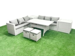 Rackhams Rattan Garden Furniture Set 8 Seater Outdoor Sofa Set with Dining Table 2 Side Tables 2 Small Footstools Light Grey Mixed - thumbnail 2