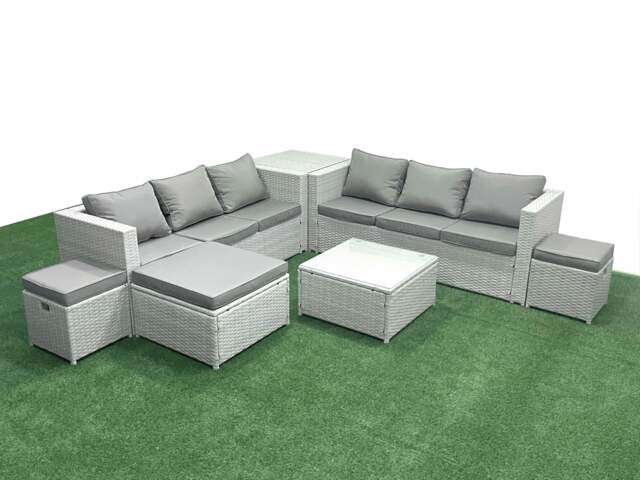 Rackhams Rattan Garden Outdoor Furniture Set 9 Seater Rattan Garden Sofa Set with 3 Footstools Side Table Light Grey Mixed - image 1