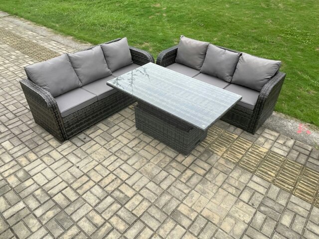 Rackhams 6 Seater Garden Dining Sets Outdoor Rattan Furniture Lounge Sofa Height Adjustable Rising lifting Table Set Dark Grey Mixed - image 1