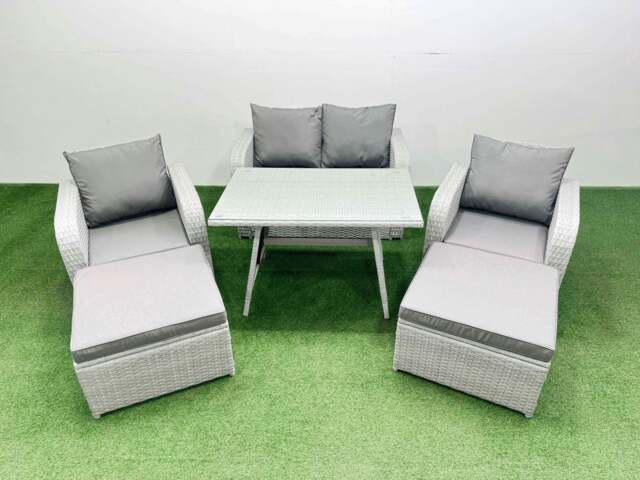 Rackhams Light Grey PE Wicker Rattan Garden Furniture Set Sofa Set Reclining Chair Love Sofa Rectangular Dining Table 2 Big Stools - image 1