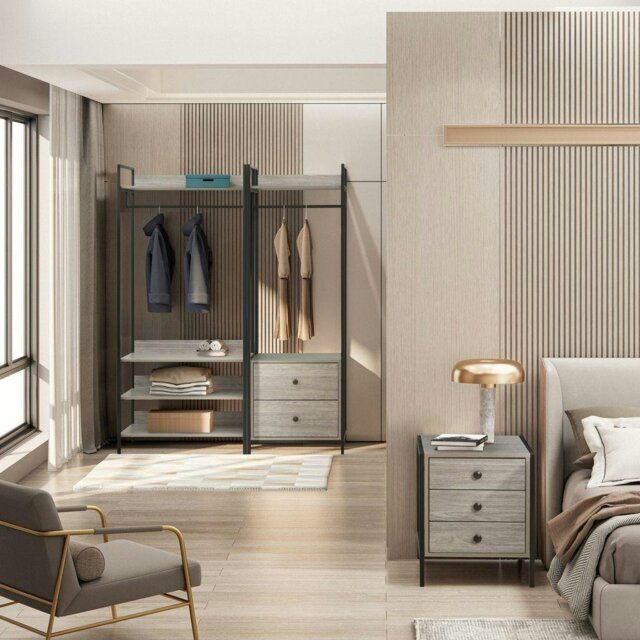 Rackhams Alva Trio Bedroom Set with Open Wardrobes and 3 Drawer Bedside - Grey Oak