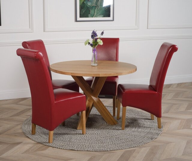 Rackhams Oregon Round Oak Dining Table with Montana Leather Chairs - 1 - 4 chairs - Burgundy - image 1