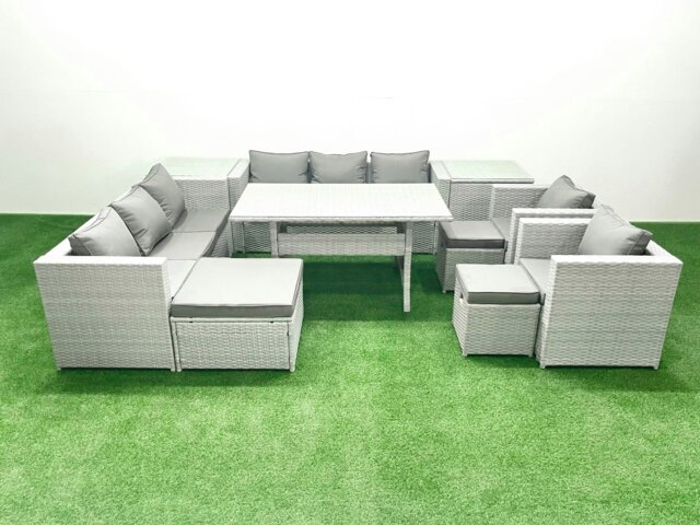 Rackhams Rattan Garden Furniture Set Outdoor 8 Seater Patio Dinin g Sofa Sets with Dining Table 2 Chairs 2 Side Tables 3 Footstools Light Grey Mixed - image 1