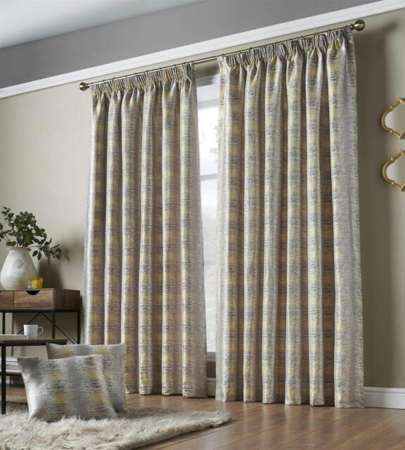 Rackhams Reflect Jacquard Fully Lined Ready Made Pencil Pleat Curtains - Yellow - 168cm width x 229cm drop - image 1