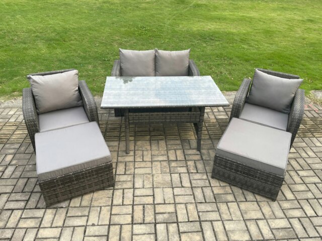 Rackhams Patio Rattan Garden Furniture Set with Oblong Rectangular Dining Table 2 Big Footstool 6 Seater Outdoor Lounge Sofa Set Dark Grey Mixed - image 1