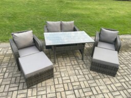 Rackhams Patio Rattan Garden Furniture Set with Oblong Rectangular Dining Table 2 Big Footstool 6 Seater Outdoor Lounge Sofa Set Dark Grey Mixed - thumbnail 2