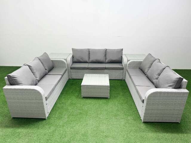 Rackhams PE Rattan Lounge Sofa Set 9 Seater Outdoor Garden Furniture Set with Square Coffee Table 3 Seater Sofa 2 Side Table Light Grey - image 1