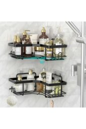 Rackhams 3Pcs Corner Shower Caddy Set with Wall Stickers - Black - thumbnail 3