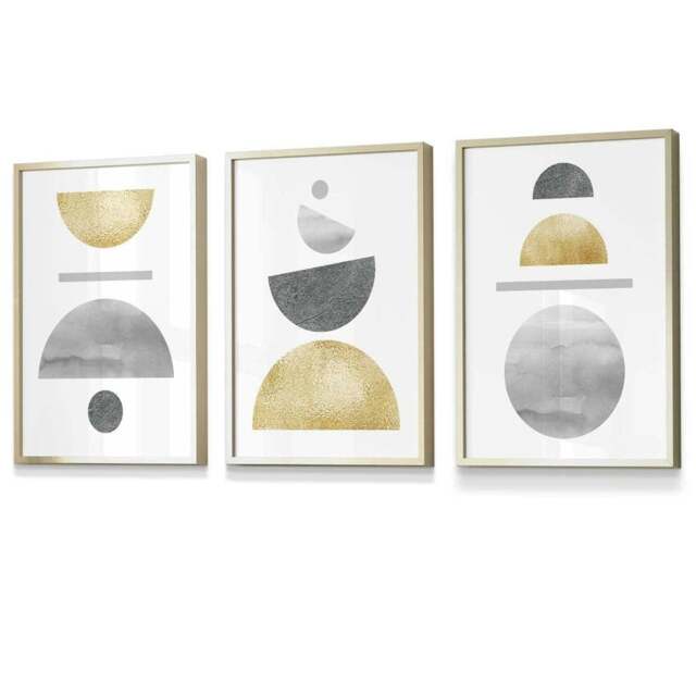 Rackhams Golden Yellow and Grey Mid Century Geometric Framed Set of 3 Wall Art - 59x84cm (A1) - Gold - image 1