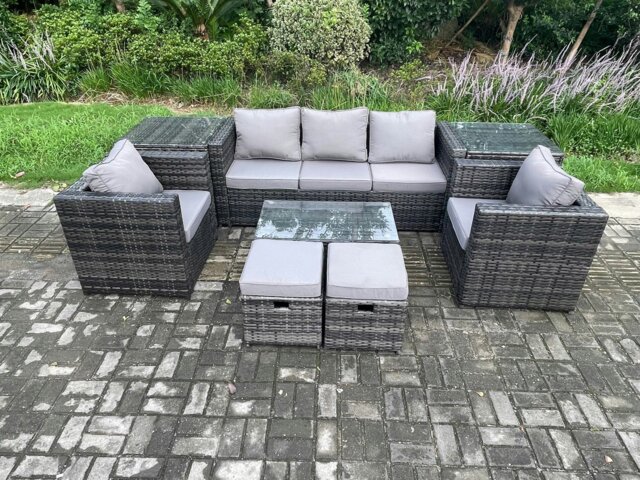 Rackhams Outdoor Rattan Garden Lounge Sofa Set - Dark Grey Mixed Patio Furniture with 3-Seater Sofa, Coffee Table & 2 Armchairs - image 1